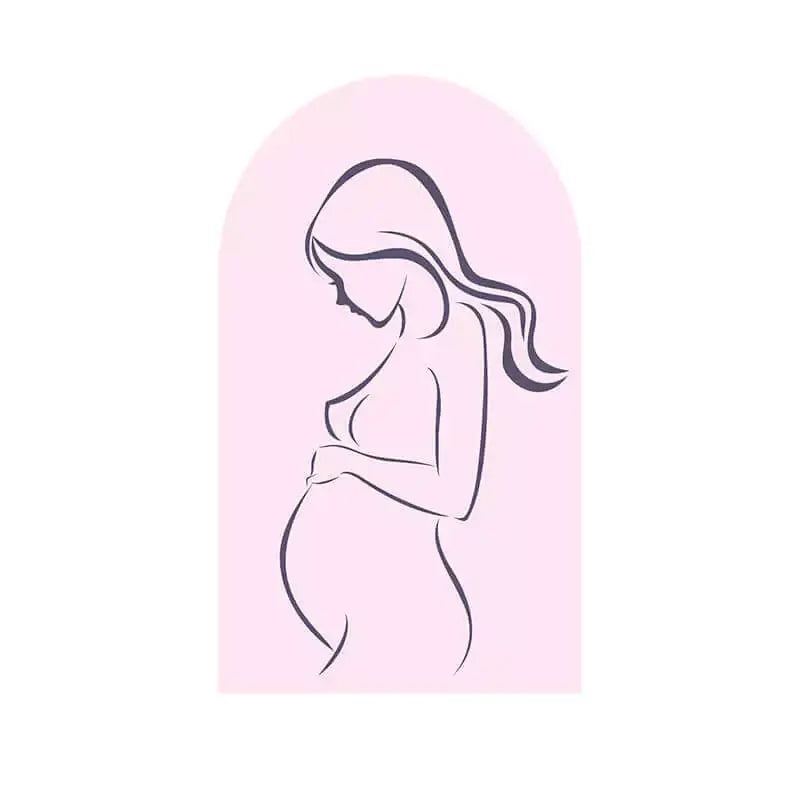 Center arch backdrop featuring a silhouette of a pregnant woman, symbolizing motherhood, on a pink background.