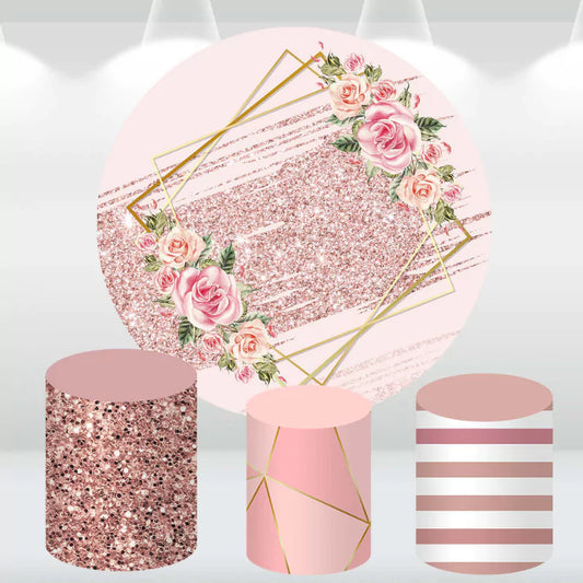 Elegant rose gold and pink backdrop with glitter and floral decorations, ideal for baby showers and parties.