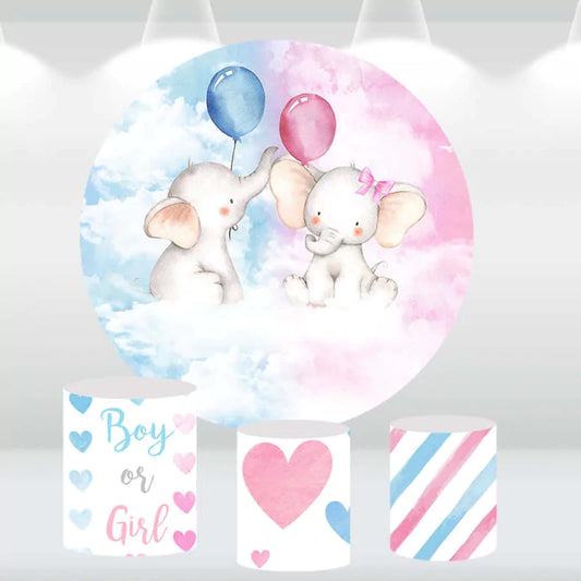 Cute elephant gender reveal backdrop with matching heart and striped cylinder covers.