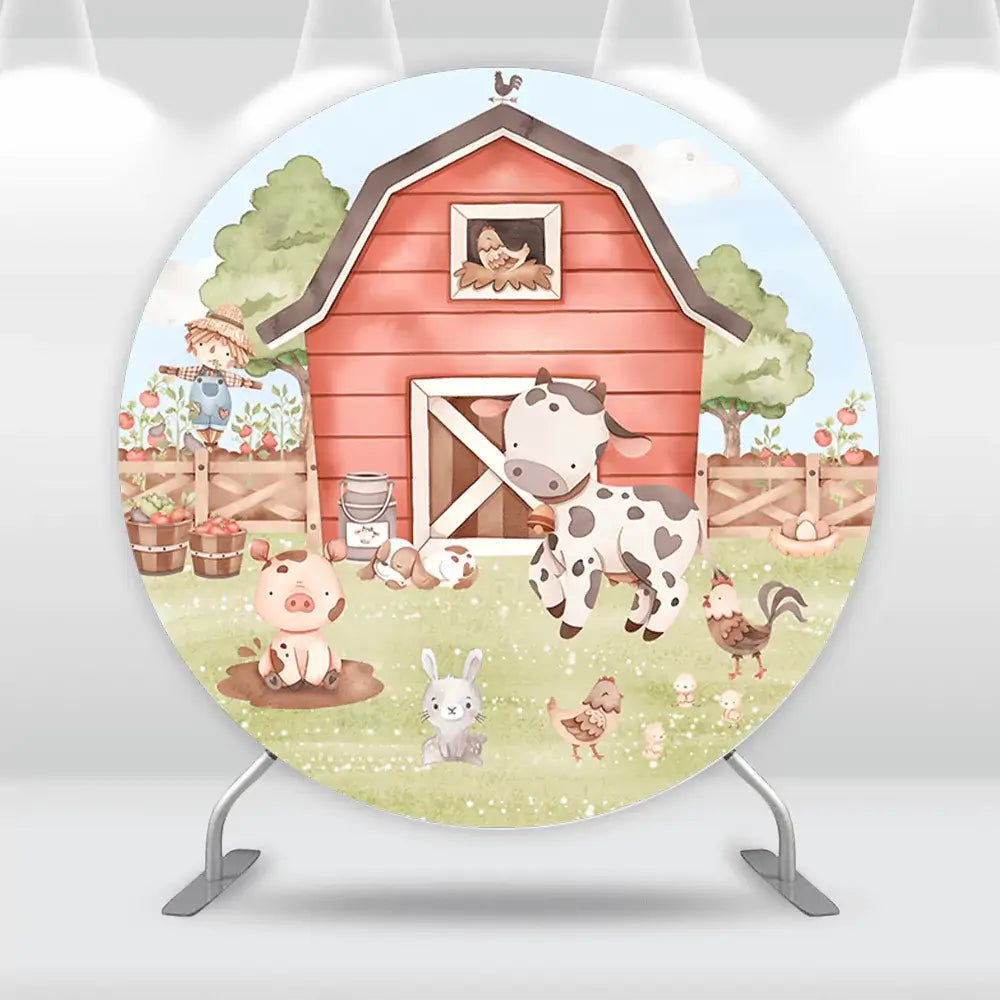 Complete farm decoration set with barnyard backdrop and matching cylinder covers, ideal for birthday or baby shower celebrations