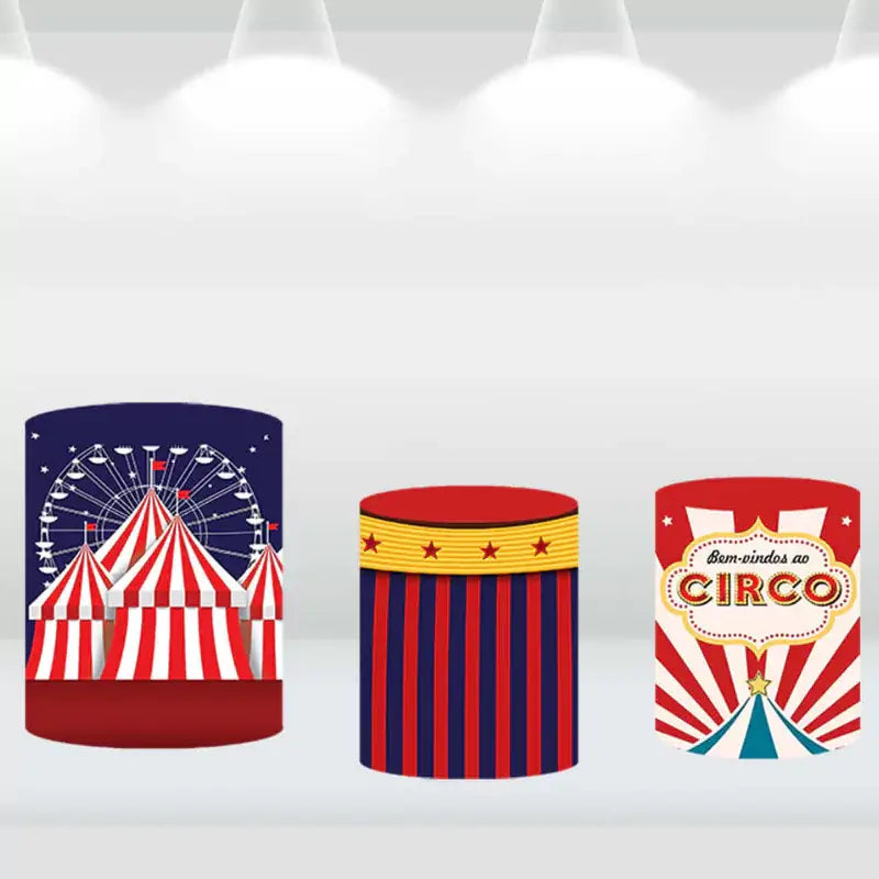 Cylinder covers with carnival-themed designs, including a Ferris wheel and circus tent, matching the party backdrop.