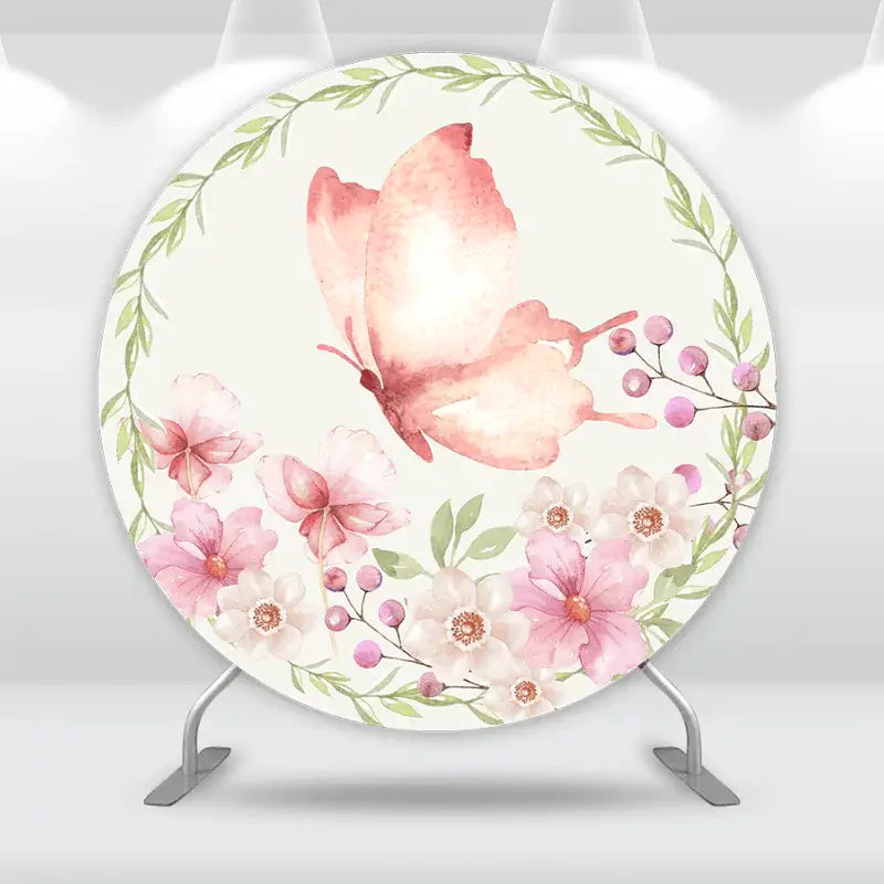 Floral and butterfly-themed round backdrop with delicate botanical accents and pastel colors, ideal for garden parties and baby showers.