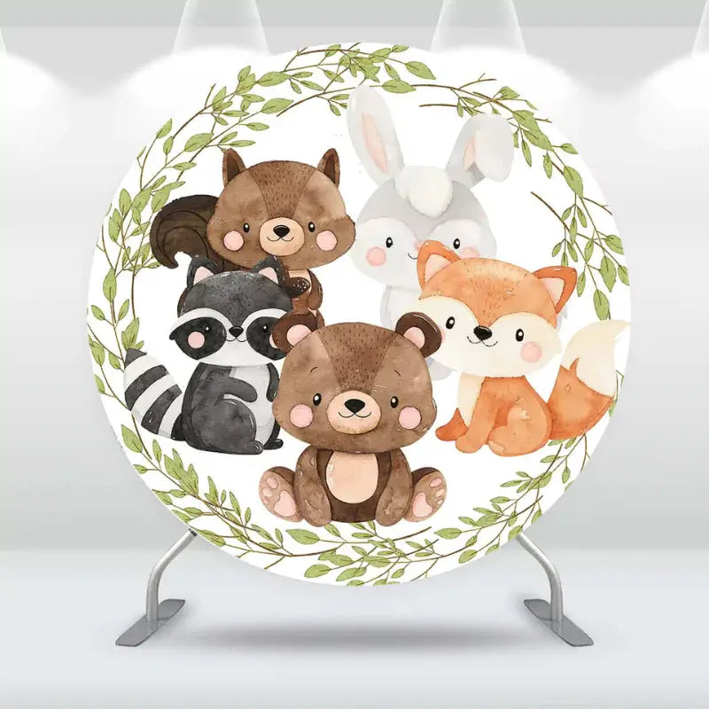 Round woodland animals backdrop with a bear, fox, raccoon, and rabbit among leafy branches.