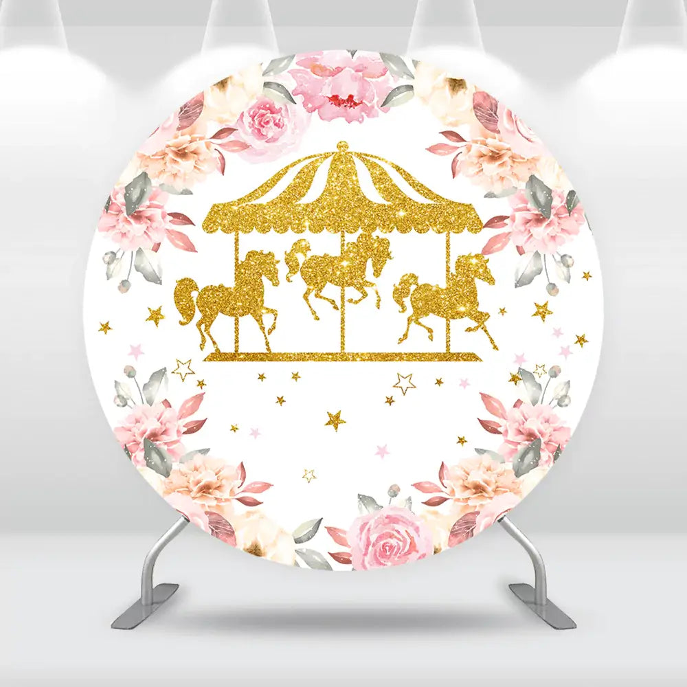 Carousel-themed round baby shower backdrop with gold glitter horses, surrounded by floral arrangements, perfect for elegant baby celebrations.