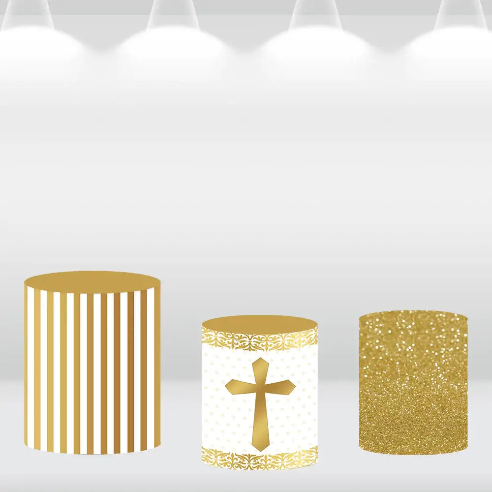 Set of three cylinder covers featuring gold stripes, a cross, and gold glitter for religious decor.