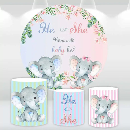 He or She gender reveal party backdrop with elephant designs and cylinder covers.