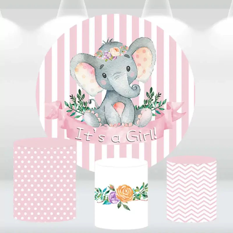 Pink elephant backdrop set featuring a round "It's a Girl!" backdrop and three cylinder covers