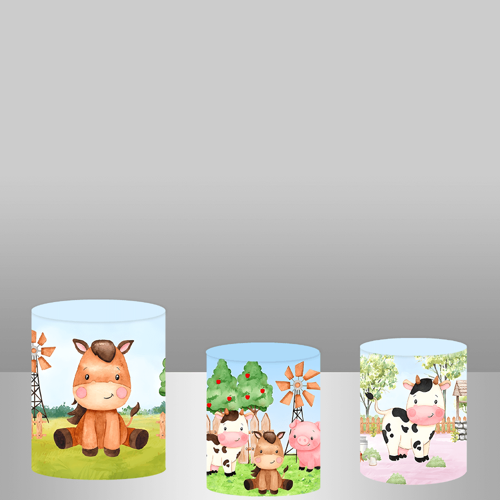 Cartoon Animals Farm Baby Shower Cylinder Plinth Covers