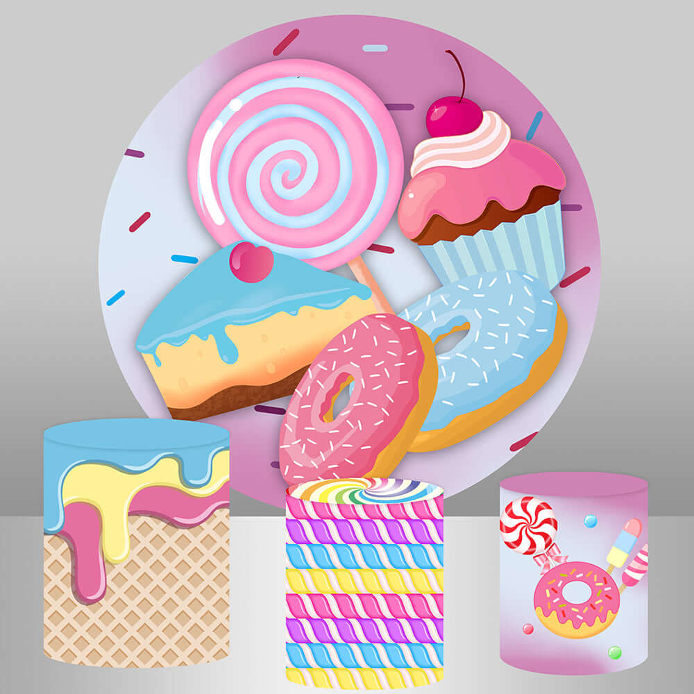 Sweet Baby Birthday Candy Bar Round Backdrop Donuts Banner Ice Cream CupcakeParty Photography Background Kids Cake Plinth Covers