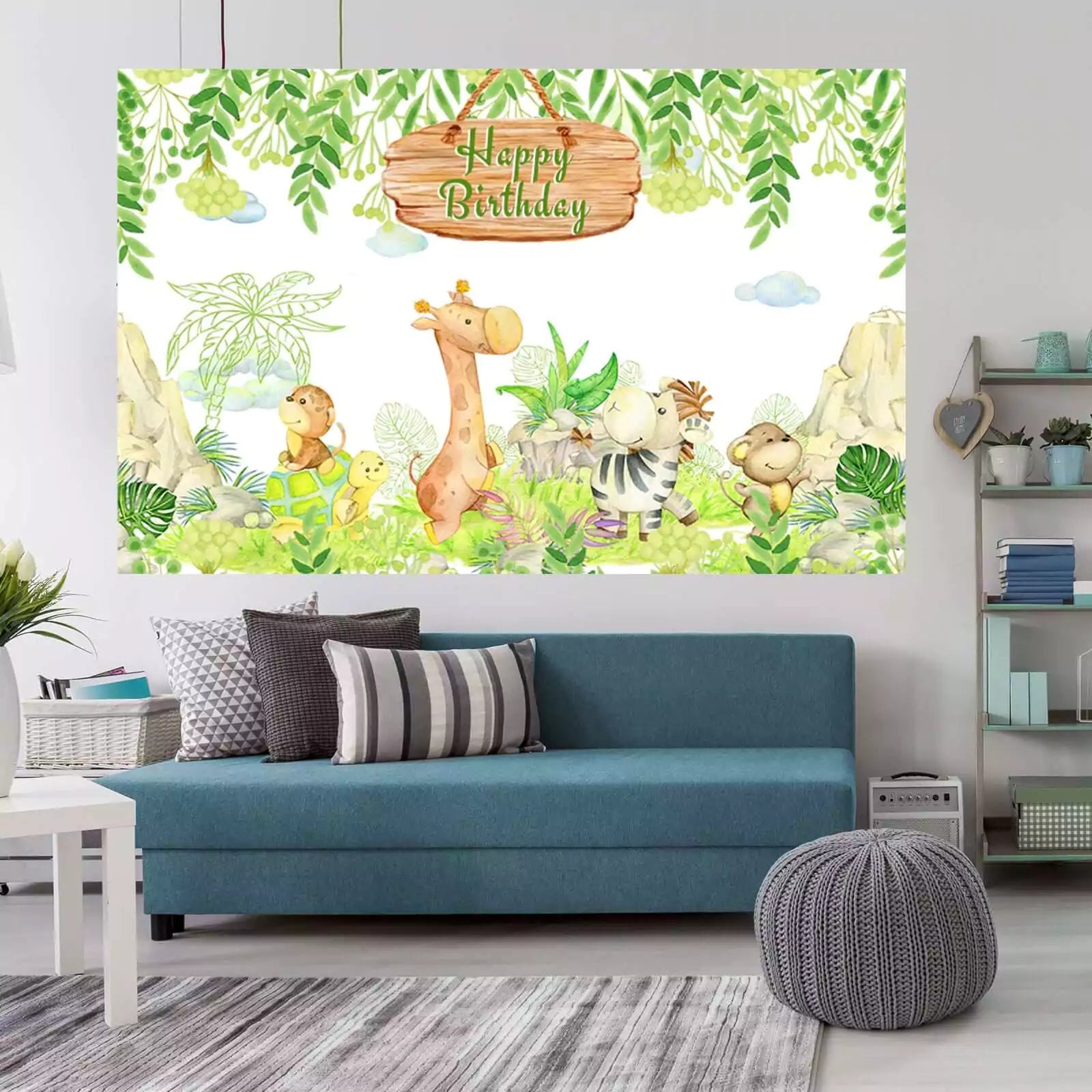 Safari animal-themed "Happy Birthday" backdrop banner with a giraffe, zebra, and greenery, perfect for jungle-themed celebrations.