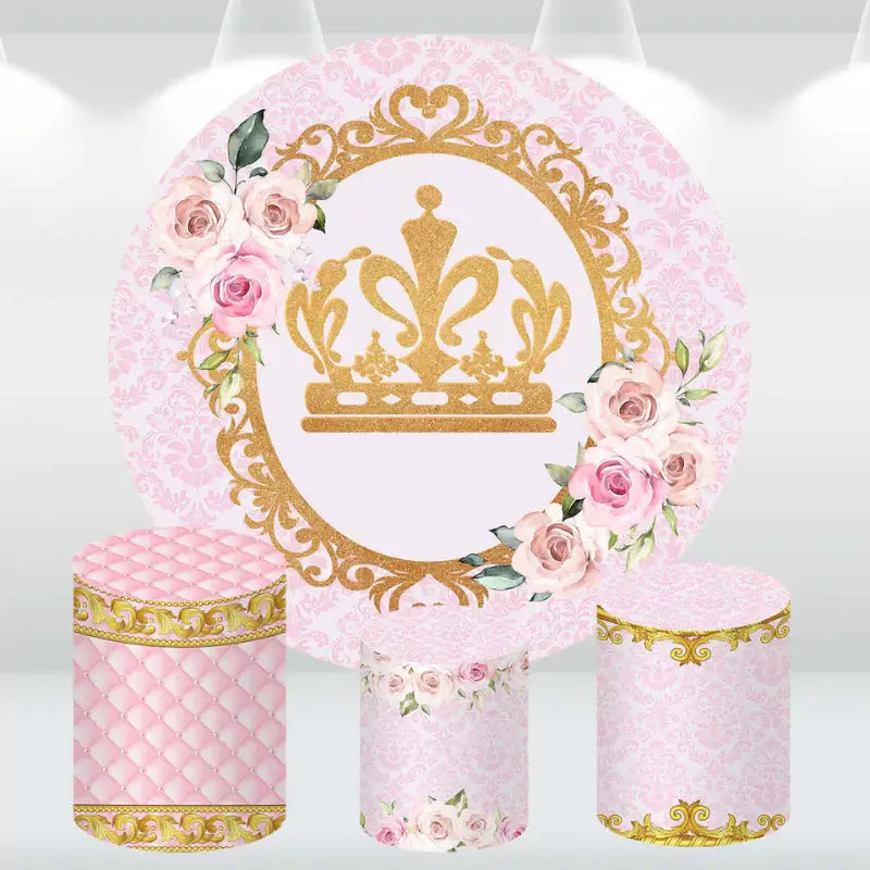 Luxurious baby shower backdrop featuring a golden crown and pink roses on a pink patterned background.