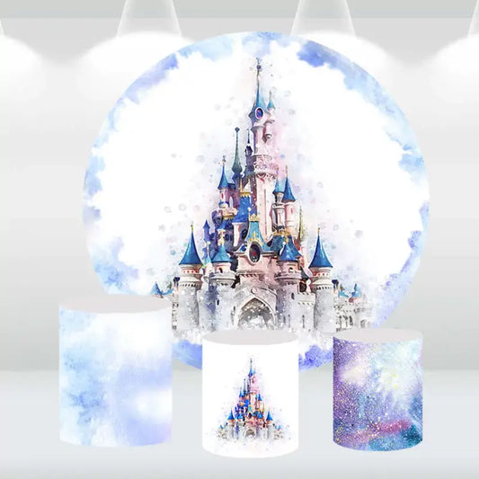 Fairytale castle party backdrop with cylinder covers featuring dreamy and glittery designs, perfect for princess-themed events.