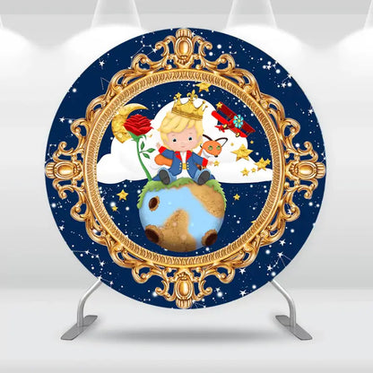 Round backdrop featuring the Little Prince sitting on a planet under a starry night sky.