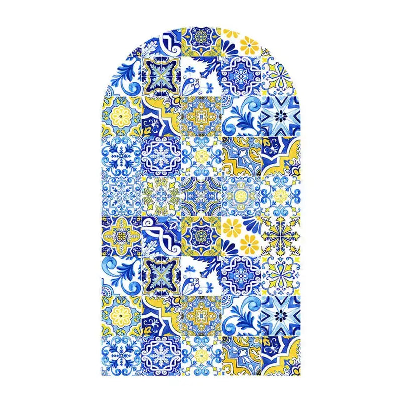 Center arch backdrop featuring an intricate Moroccan tile pattern in blue, yellow, and white.