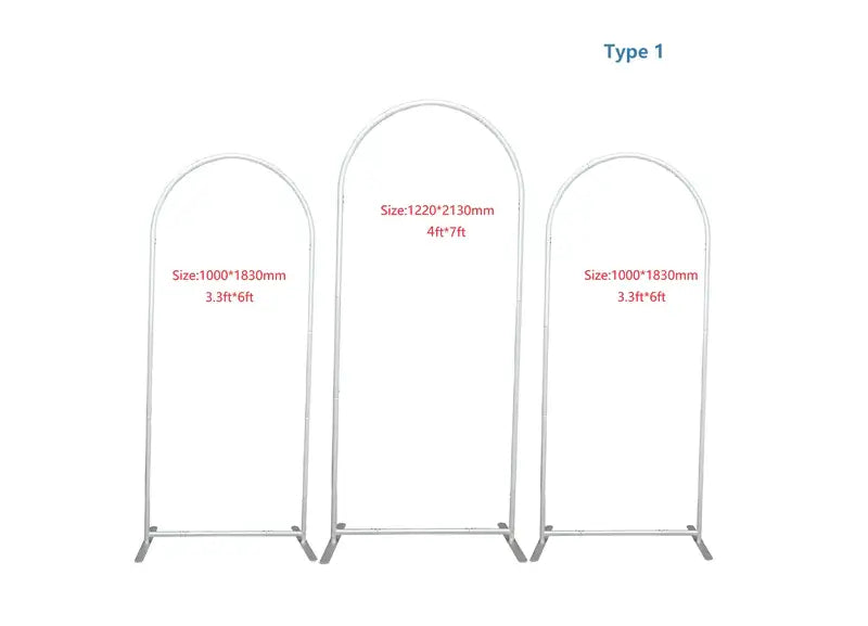 The image shows three metal arch frames labeled as "Type 1" with varying dimensions. The two smaller frames on either side are 1000mm wide and 1830mm tall (3.3ft x 6ft), while the larger central frame is 1220mm wide and 2130mm tall (4ft x 7ft). All the frames have a simple design with a rounded arch at the top and flat feet at the bottom for stability.