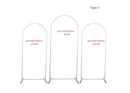 The image shows three metal arch frames labeled as "Type 1" with varying dimensions. The two smaller frames on either side are 1000mm wide and 1830mm tall (3.3ft x 6ft), while the larger central frame is 1220mm wide and 2130mm tall (4ft x 7ft). All the frames have a simple design with a rounded arch at the top and flat feet at the bottom for stability.