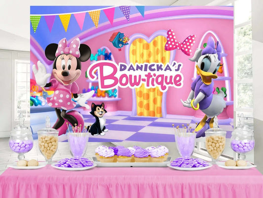 Cartoon Minnie Mouse and Daisy Photography Background Bow-tique Girl Birthday Backdrop for Photo Studio Party Supplies Banner