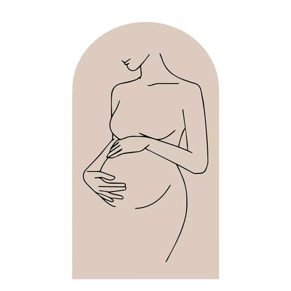 Center arch backdrop with a line art outline of a pregnant woman, symbolizing motherhood.