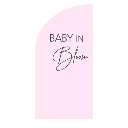 Left arch backdrop with 'Baby in Bloom' text in elegant typography on a soft pink background.