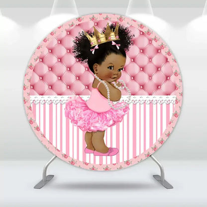 Round princess baby shower backdrop featuring a cute princess in a pink tutu with a gold crown and pearls, set against a pink tufted background