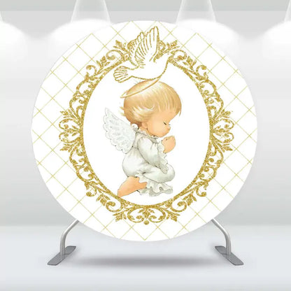 Round baptism backdrop with a praying angel surrounded by gold filigree and a white background, perfect for religious ceremonies.