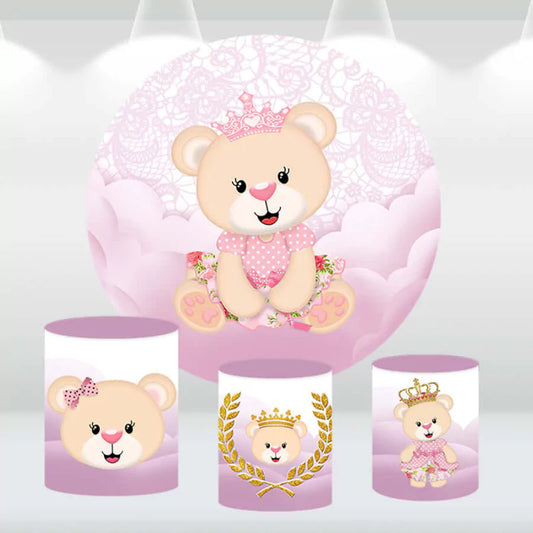 Adorable pink teddy bear princess party decor set featuring a round backdrop and cylinder covers, perfect for baby girl celebrations.