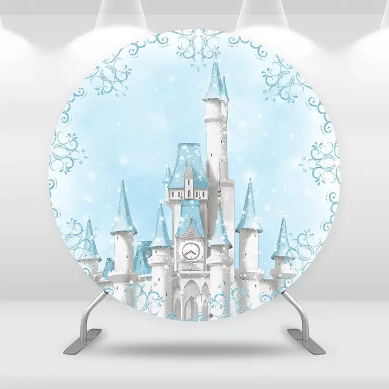 Round backdrop featuring a majestic fairy tale castle with snowflake accents, perfect for princess-themed parties.