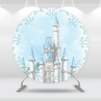 Round backdrop featuring a majestic fairy tale castle with snowflake accents, perfect for princess-themed parties.