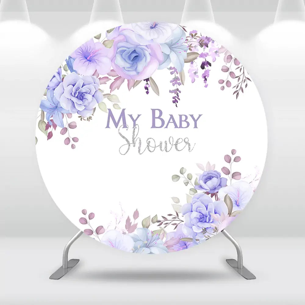 Round floral baby shower backdrop with lavender and silver floral design