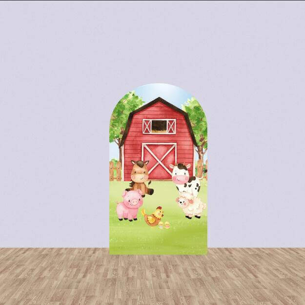 Red Barn Cartoon Animals Arched Cover Wall Backdrop