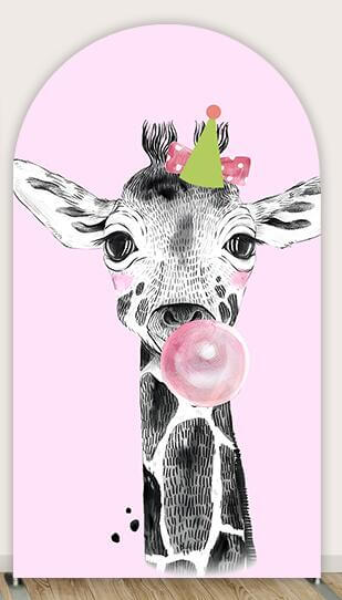 Giraffe Bubble Gum Safari Arch Cover Backdrop Pink Animal Nursery Prints Baby Shower Chiara Arched Wall Background Green Grass Happy Birthday Banner