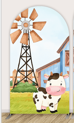 Cartoon Animals Cow Print Arch Backdrop for Boy Baby Shower Decorations Blue Barn Farm Birthday Arched Wall Banner Background