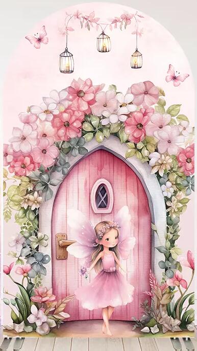 Fairy Woodhouse Arch Cover Backdrop Girls Birthday Baby Shower Pink Floral Butterfly Arch Background Party Decoration