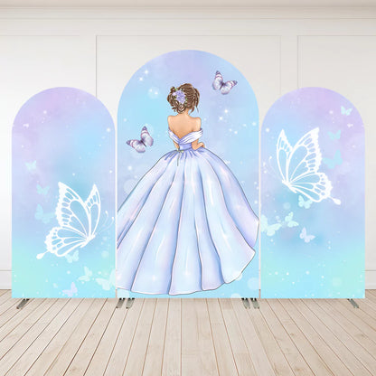 Blue Quinceanera 15th Birthday Backdrop Round Top Arch Cover Fabric for Birthday Party Floral Butterfly Wedding Arch Stand Decoration