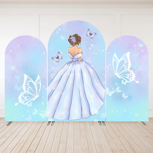 Blue Quinceanera 15th Birthday Backdrop Round Top Arch Cover Fabric for Birthday Party Floral Butterfly Wedding Arch Stand Decoration