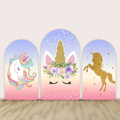 Unicorn Arched Cover Backdrop for Kids Birthday Party Decoration Flower Glitter Gold Horse Background Photography Rainbow Wall