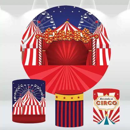 Circus-themed birthday party backdrop featuring a red and white big top tent with matching carnival-themed cylinder covers.