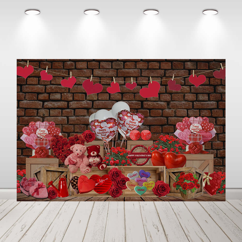 Valentine's Day Backdrop for Photography Brick Wall Red Love Heart Toy Bear Backdrop Romantic Love Theme Valentine Photoshoot Backdrop Photo Booth Props