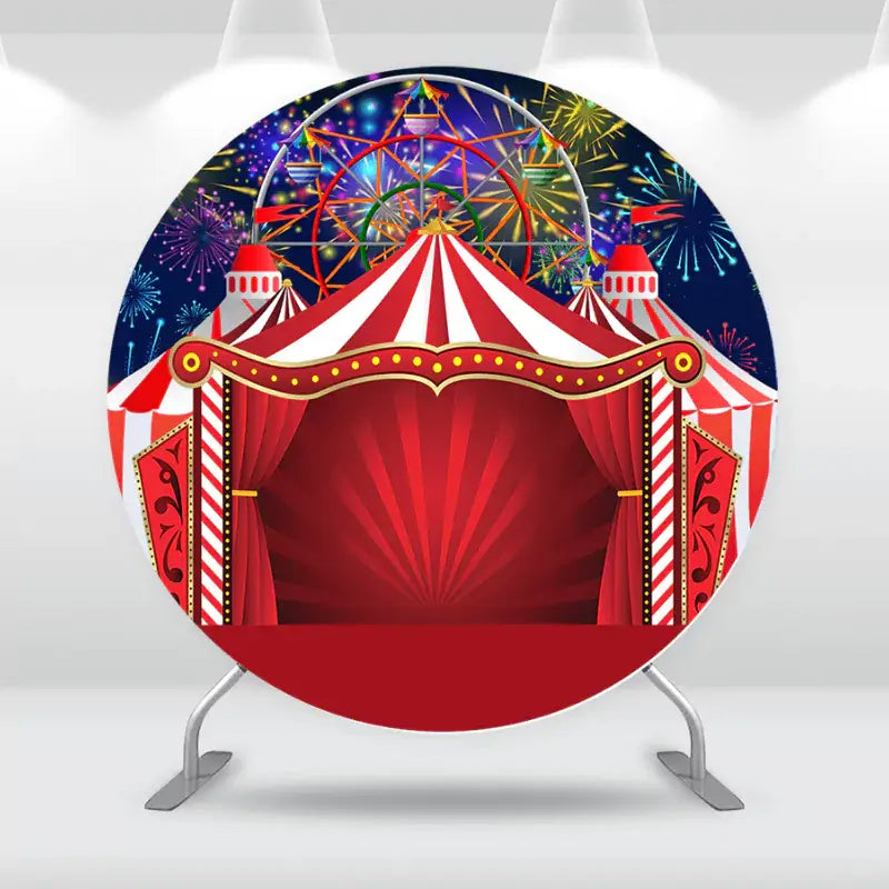 Vibrant circus-themed backdrop featuring a classic circus tent and colorful fireworks, ideal for party decorations.