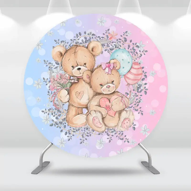 Adorable teddy bears on a round pastel backdrop for gender reveal celebration