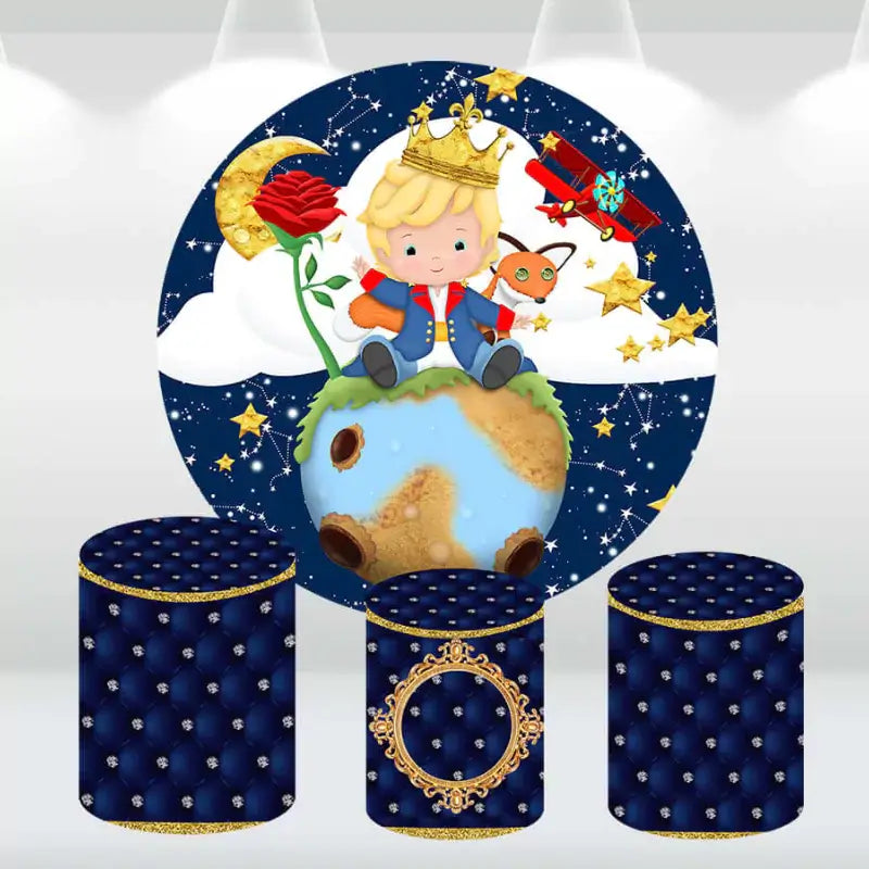 Little Prince-themed party backdrop with starry night design and navy blue royal cylinder covers.