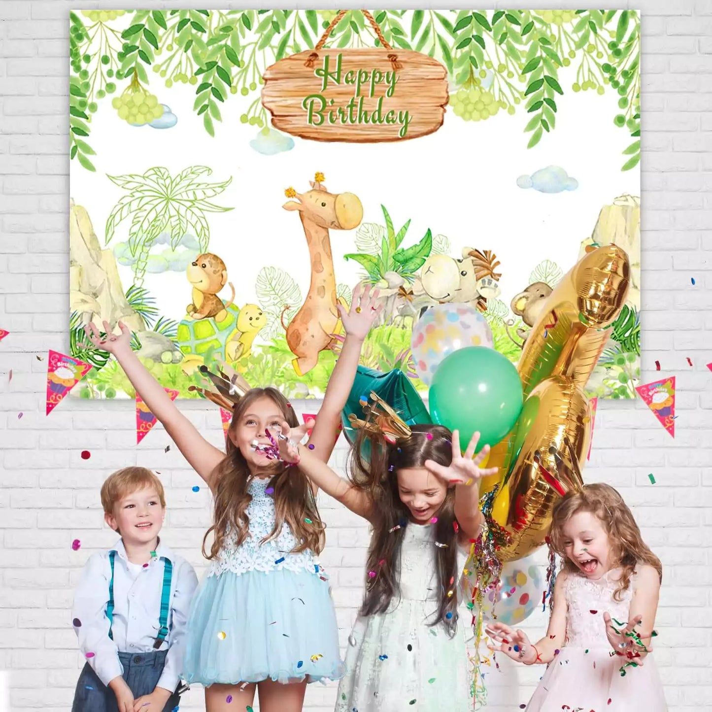 Jungle animal "Happy Birthday" banner with a giraffe, zebra, and monkey, ideal for a safari-themed birthday party.