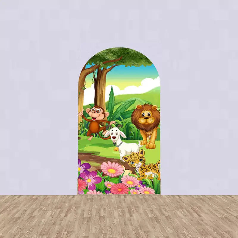 Arch backdrop with a playful monkey, a goat, a lion, a leopard, and colorful flowers in a jungle setting.