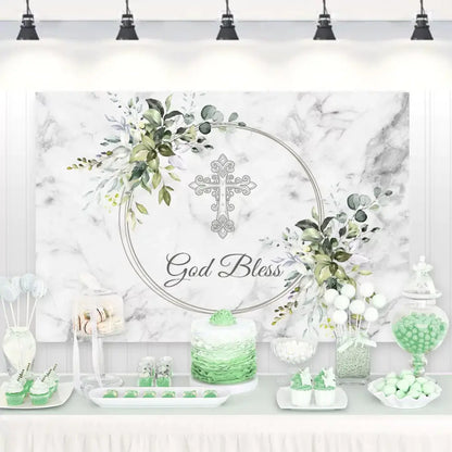 Sensfun First Holy Communion Backdrops Party Decoration Cake Table Banner Silver Cross Marble Green Leaves God Bless Photography Backgrounds