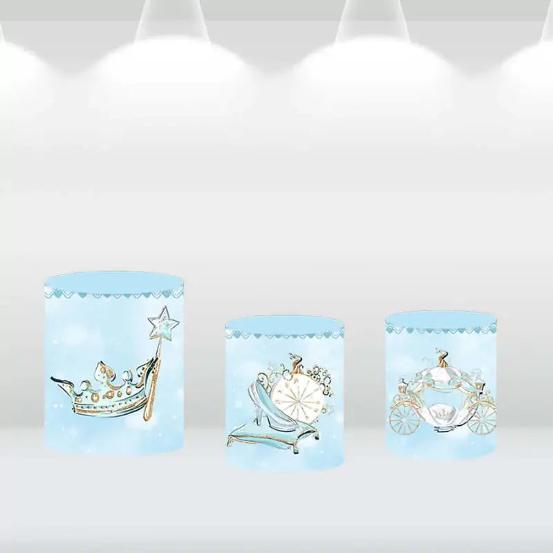 Cylinder covers featuring Cinderella-inspired elements like a glass slipper, crown, and carriage, matching the fairy tale castle theme.