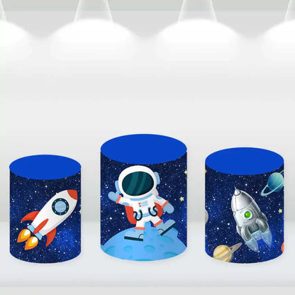 Cylinder covers with space-themed designs, featuring rockets, astronauts, and planets.