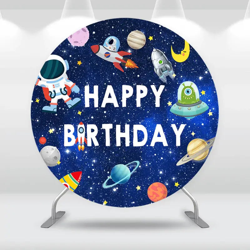 Round space-themed backdrop with "Happy Birthday" text, featuring astronauts, rockets, and planets.