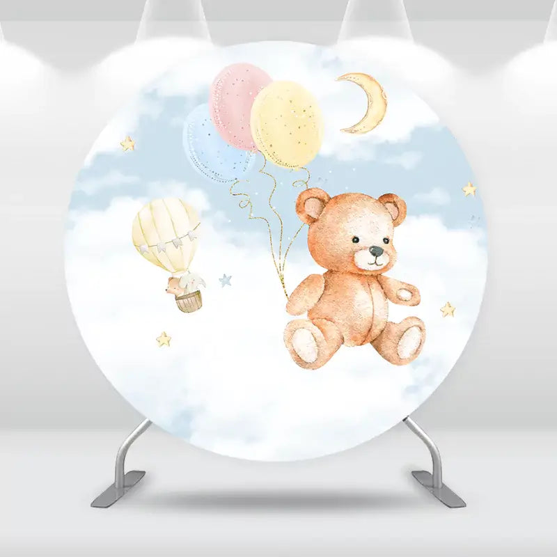 Adorable teddy bear-themed backdrop with balloons and a crescent moon in the sky.