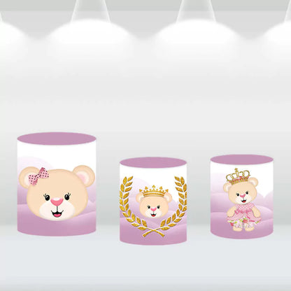 Set of three cylinder covers featuring different teddy bear princess designs in a pink theme, matching the round backdrop.