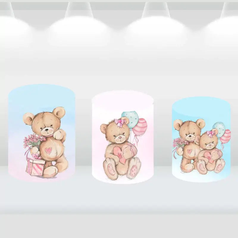 Set of three cylinder covers featuring teddy bear designs with balloons and hearts, matching the teddy bear-themed party backdrop.